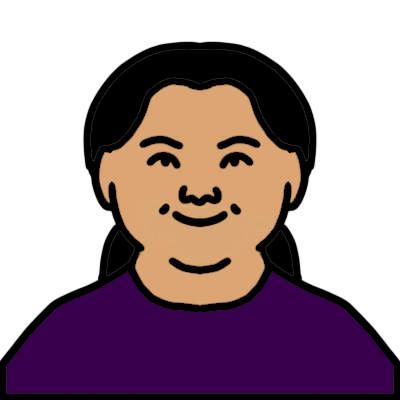 a head and shoulders portrait of a person with down syndrome with light skin and a black ponytail. they are wearing a purple t-shirt and are smiling.
